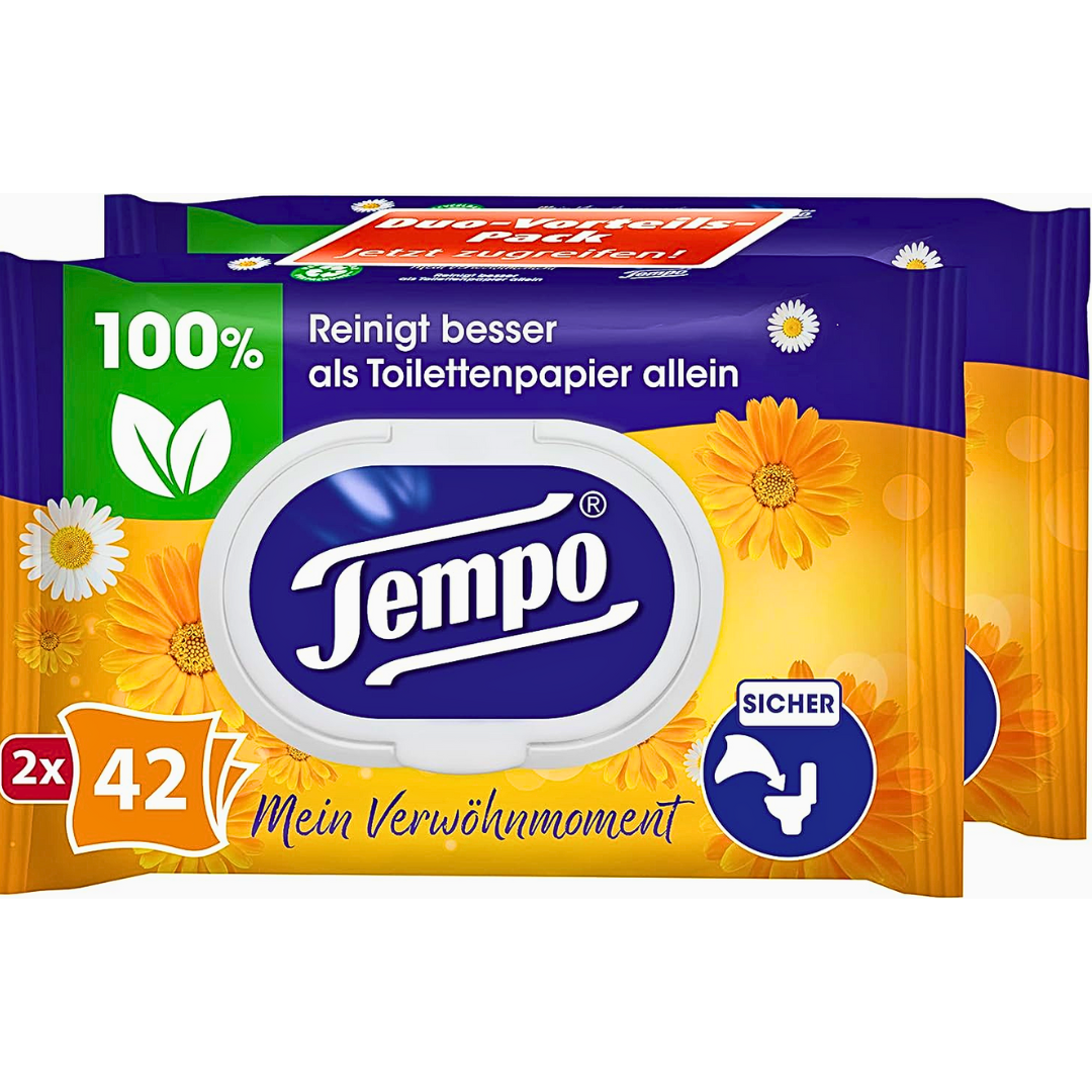 Влажные салфетки для туалета Tempo с календулой и ромашкой, двойная упаковка из 42 салфеток