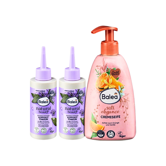Balea набор для ухода: тоник для кожи головы (2 × 150 мл) и крем-мыло Soft Elegance (500 мл), 3 предмета