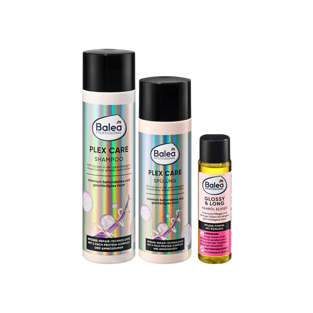 Набор Balea Professional: шампунь Plex Care 250 мл + кондиционер 200 мл + масло Glossy & Long 20 мл – восстанавливающий набор из 3 предметов 